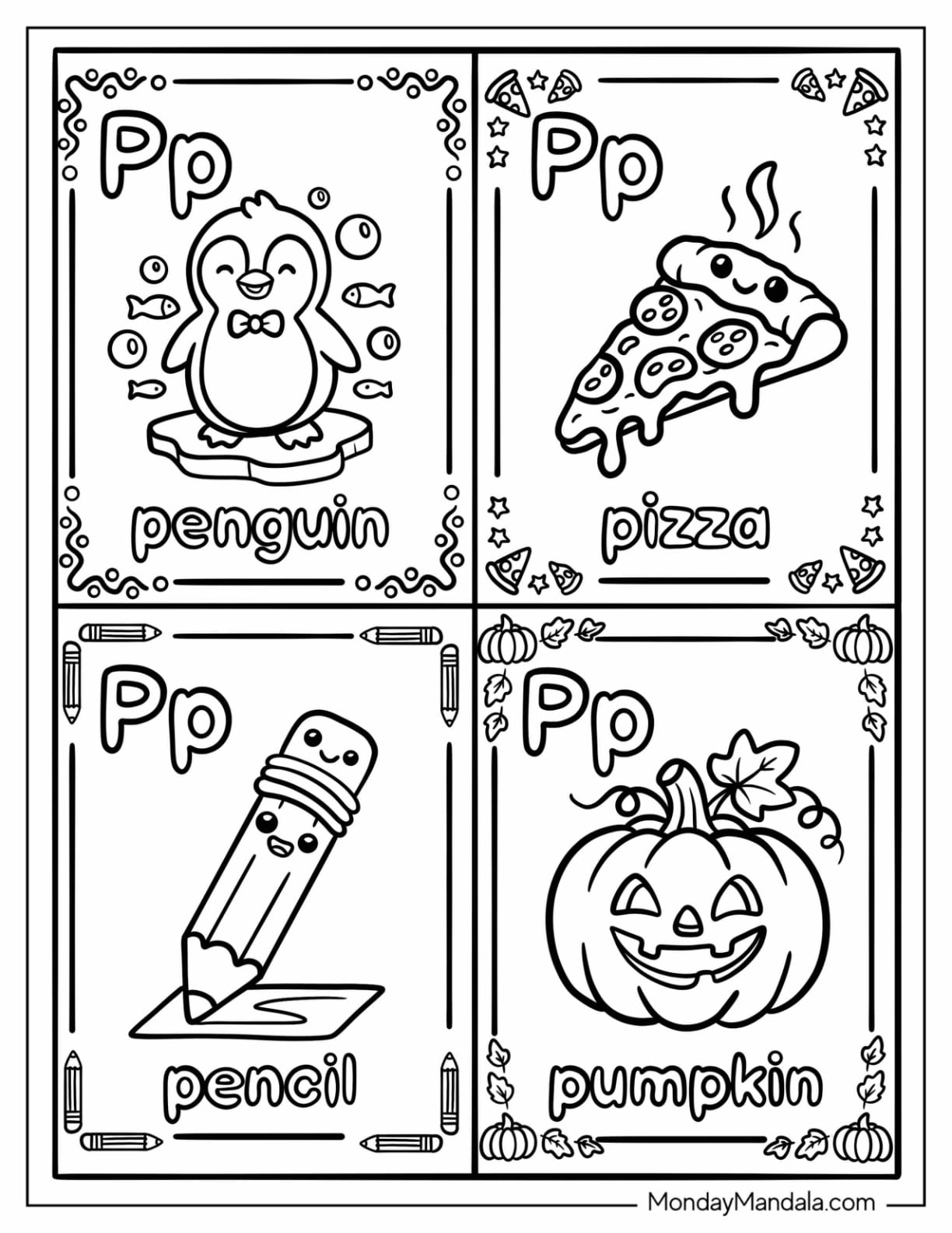 Letter P Coloring Page Cards with Penguin, Pizza, Pencil, and Pumpkin