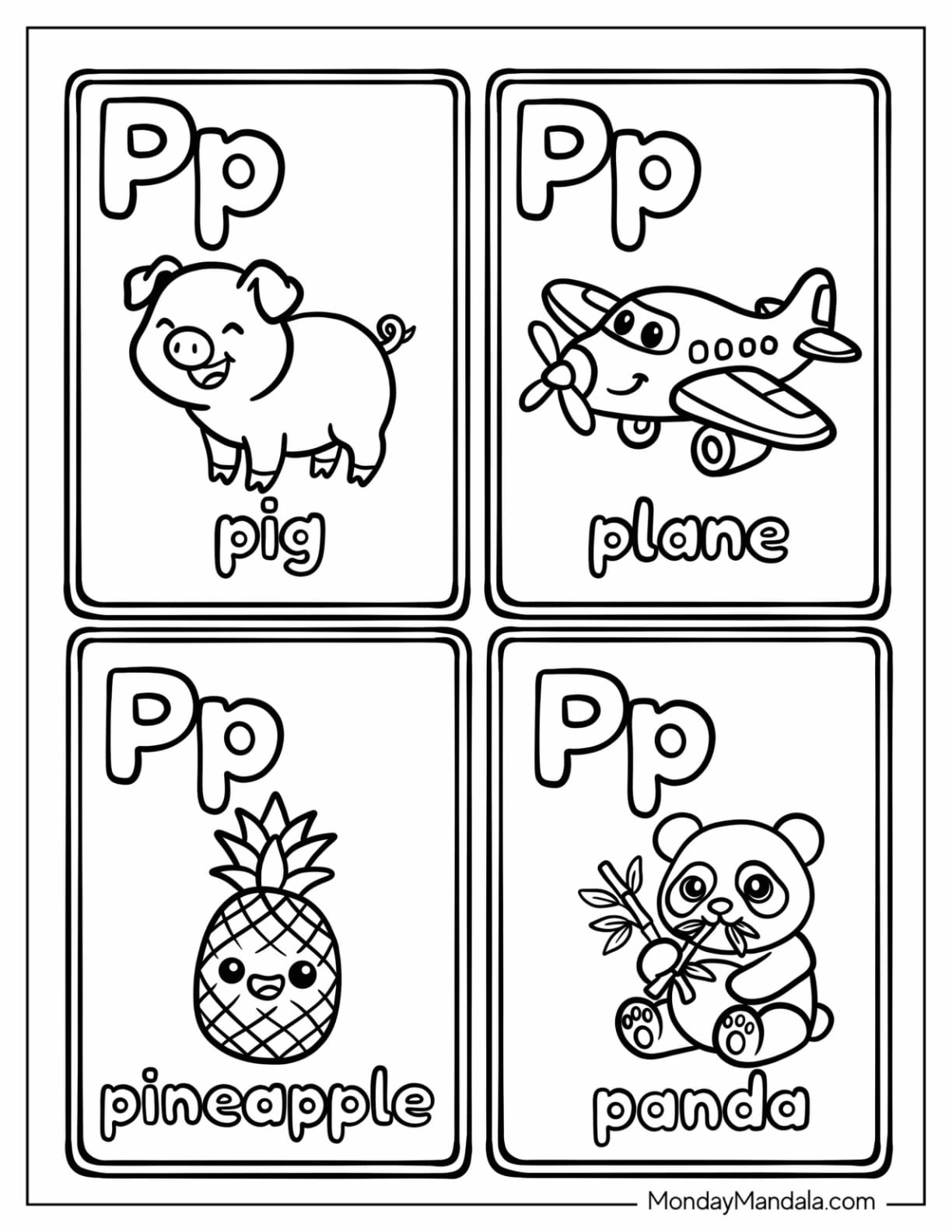 Letter P Coloring Page Cards with Pig, Plane, Pineapple, and Panda