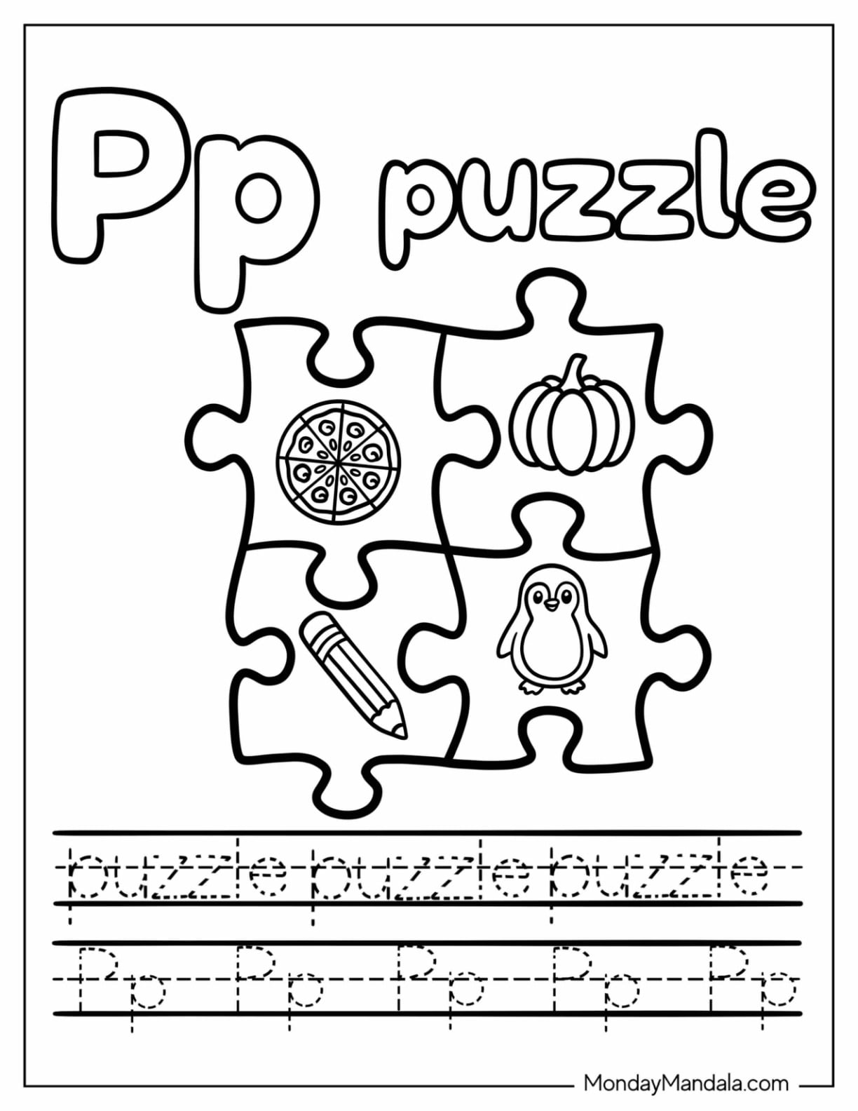 Letter P Coloring Page for Puzzle Traceable Worksheet