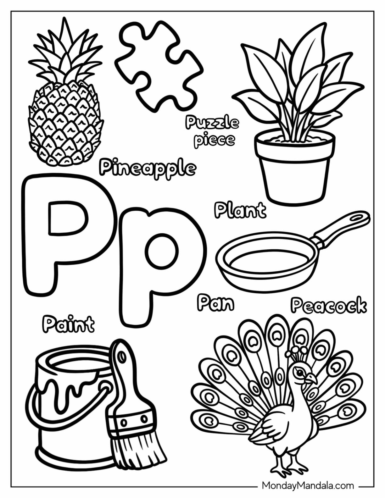 Letter P Coloring Page is for Pineapple, Puzzle, Plant, Paint, Pan, and Peacock