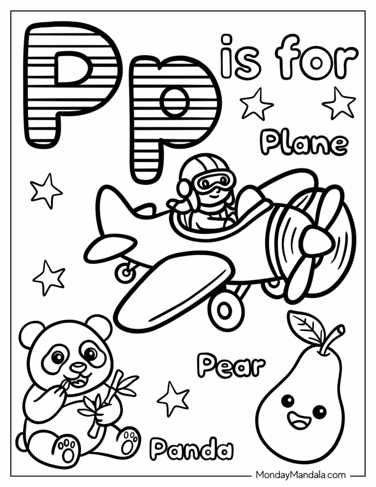 Letter P Coloring Page is for Plane, Panda, and Pear