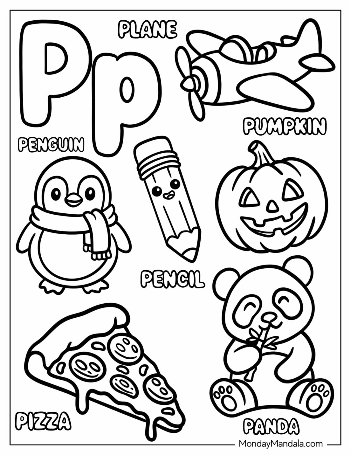 Letter P Coloring Page is for Plane, Pumpkin, Penguin, Pencil, Pizza, and Panda
