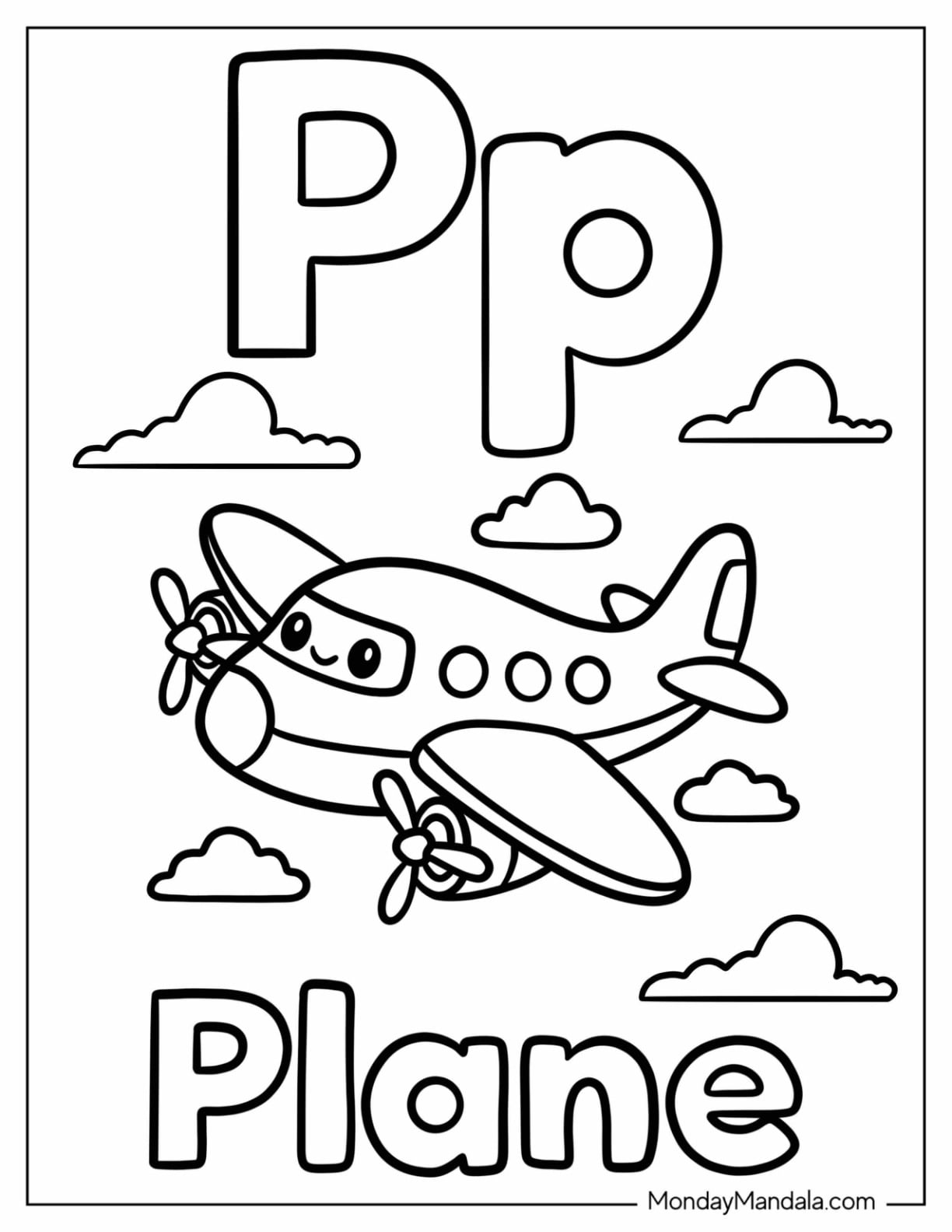Letter P Coloring Page is for Plane in the Sky for Kids
