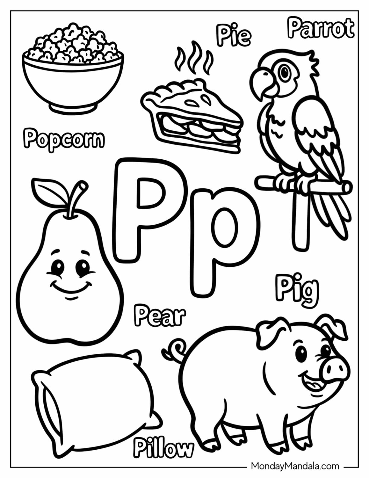 Letter P Coloring Page is for Popcorn, Pie, Parrot, Pillow, Pig, and Pear