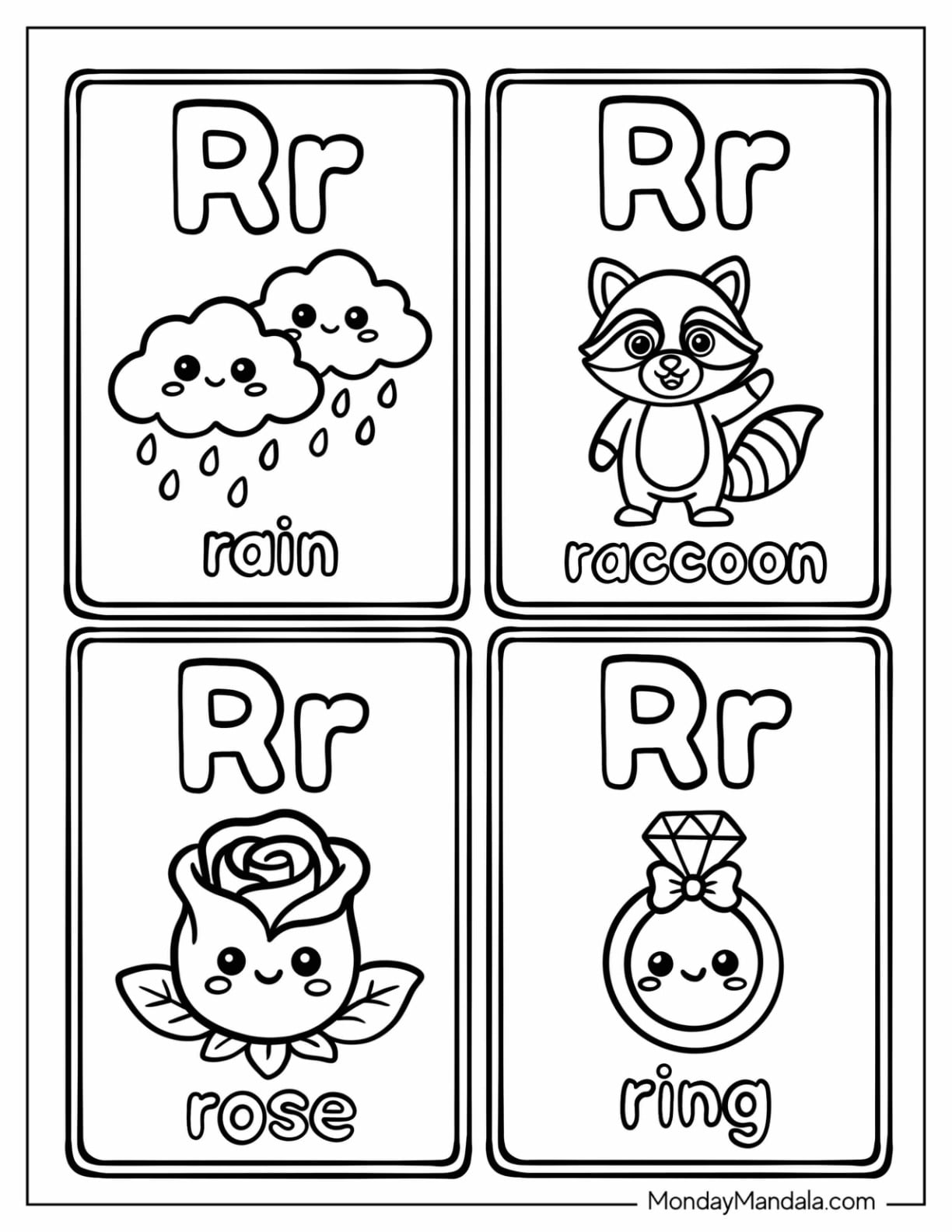Letter R Coloring Page Cards with Rain, Raccoon, Rose, and Ring