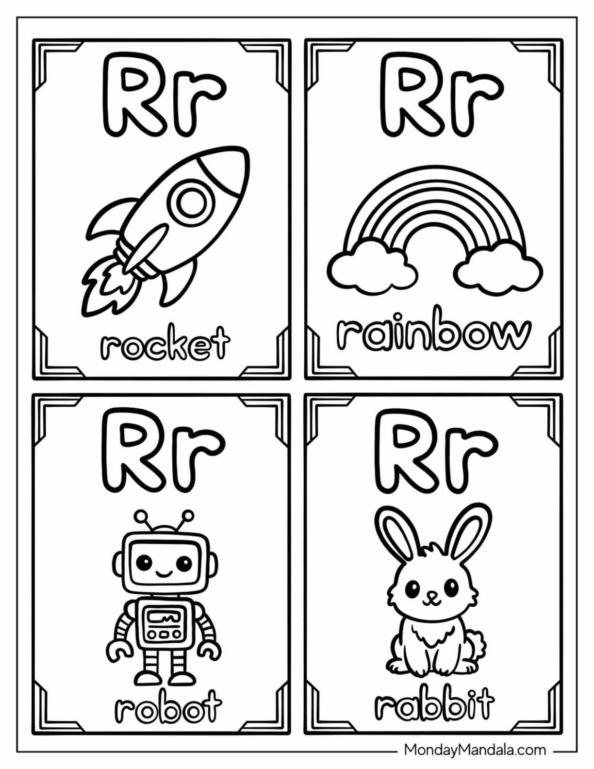 Letter R Coloring Page Cards with Rocket, Rainbow, Robot, and Rabbit