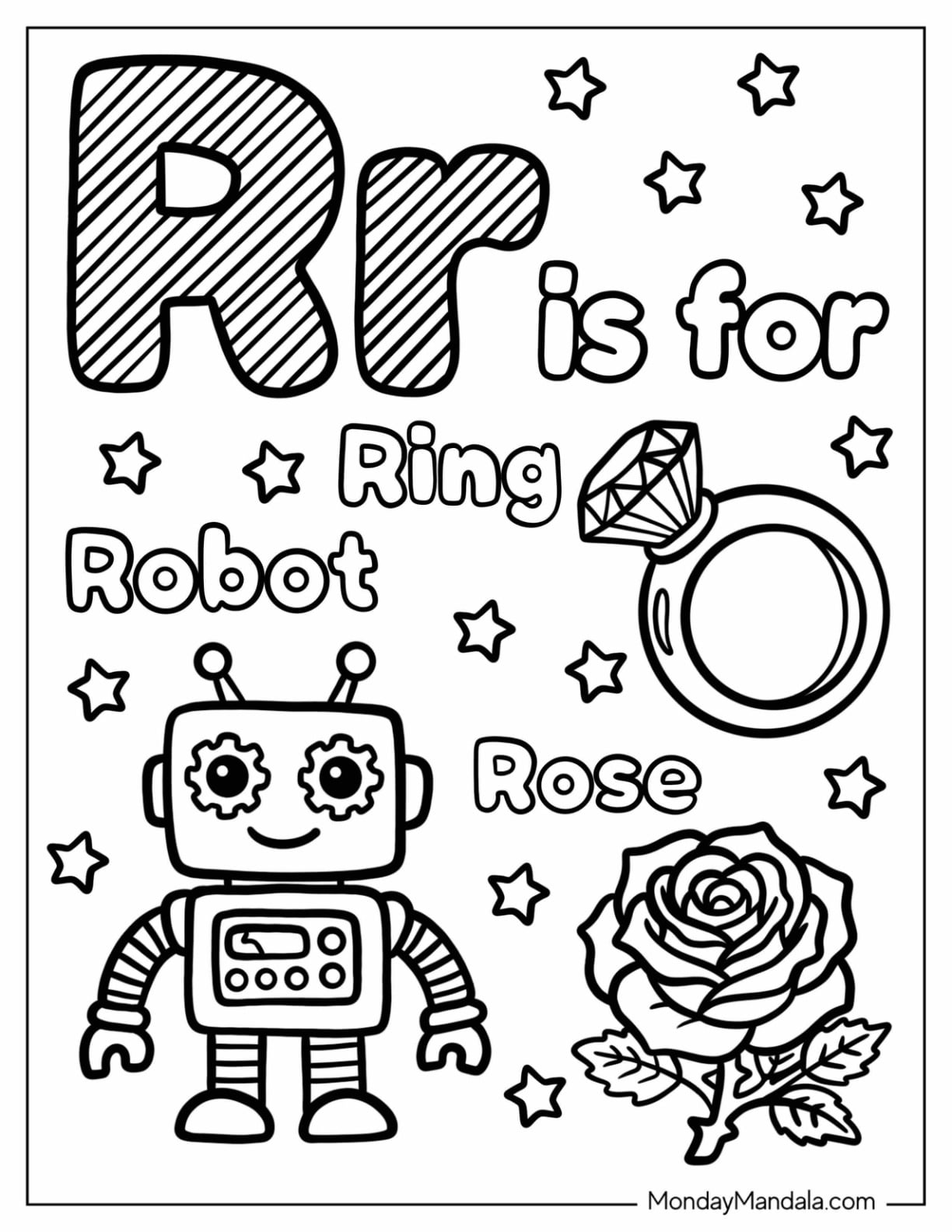 Letter R Coloring Page is for Ring, Robot, and Rose