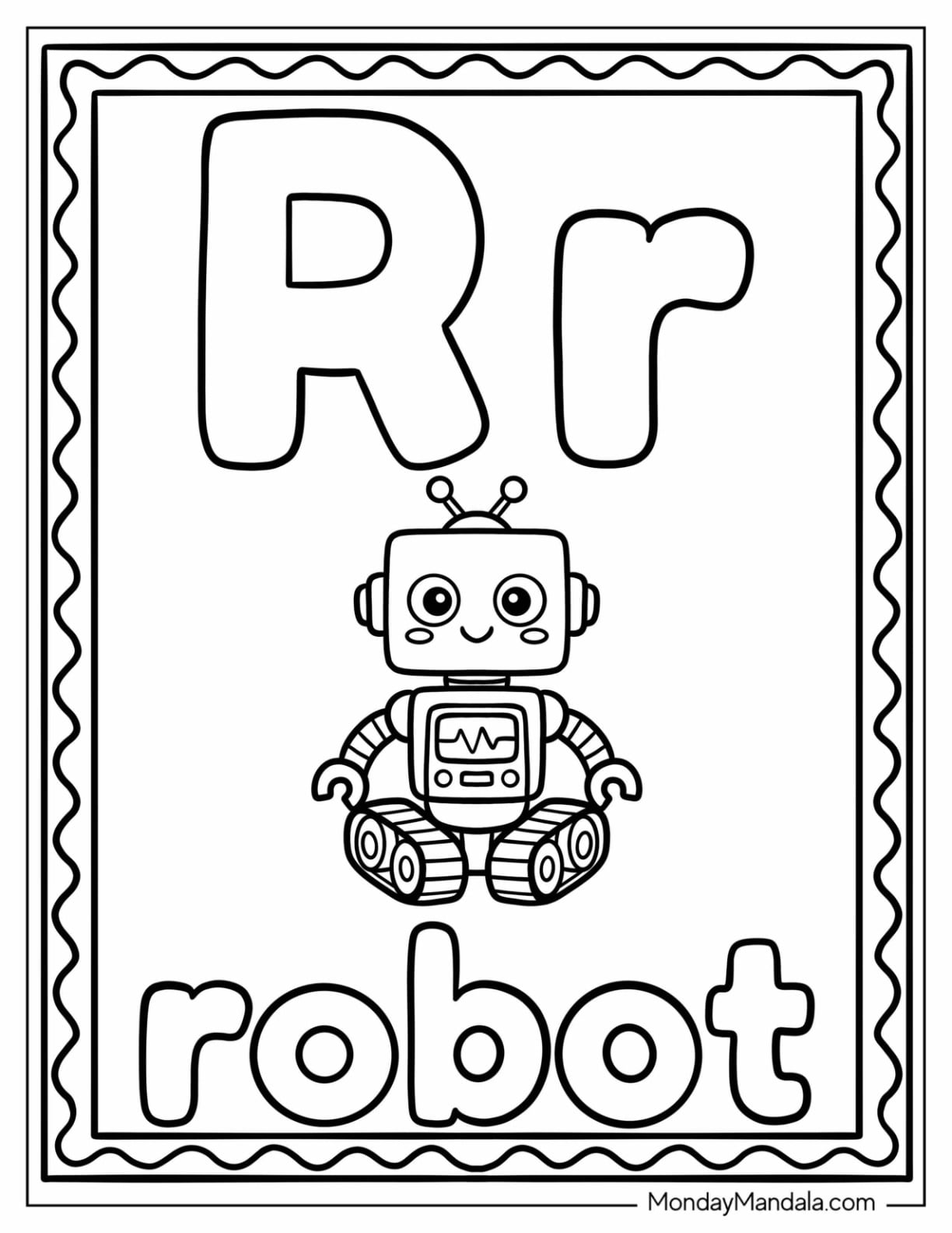 Letter R Coloring Page is for Robot Flashcard for Kids