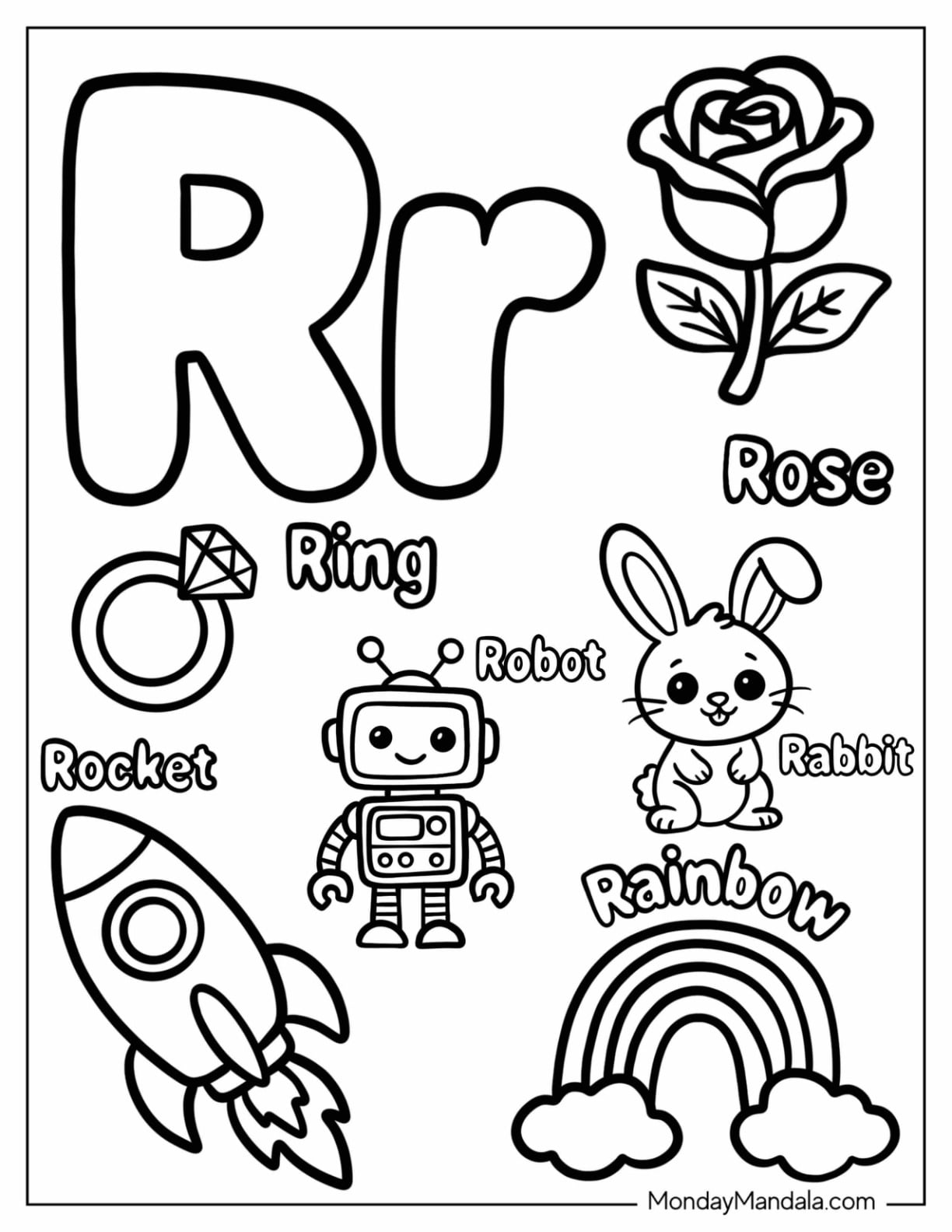 Letter R Coloring Page is for Rose, Rocket, Rabbit, Ring, and Rainbow