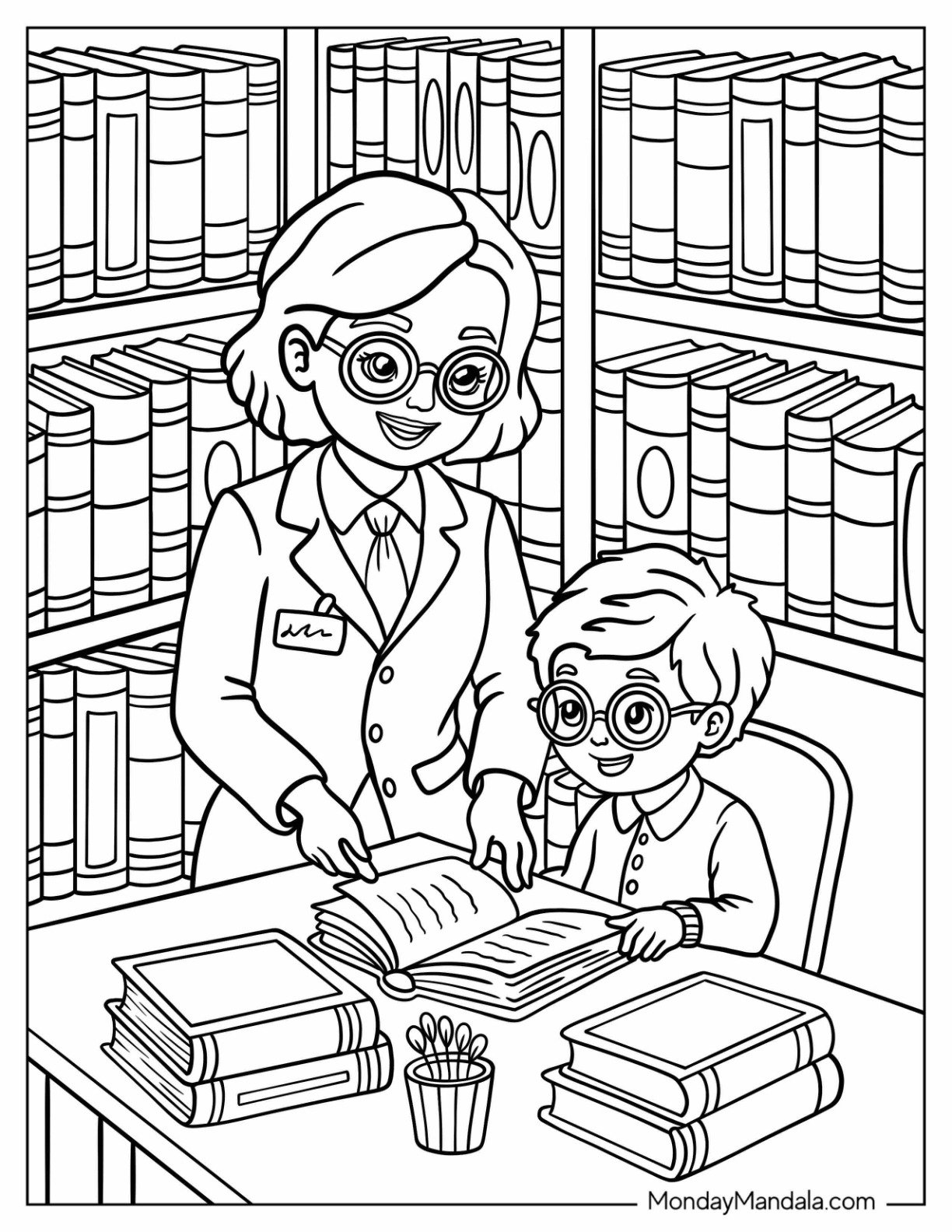 Librarian Guiding Child Through Books in Cozy Library Coloring Page Learning Space