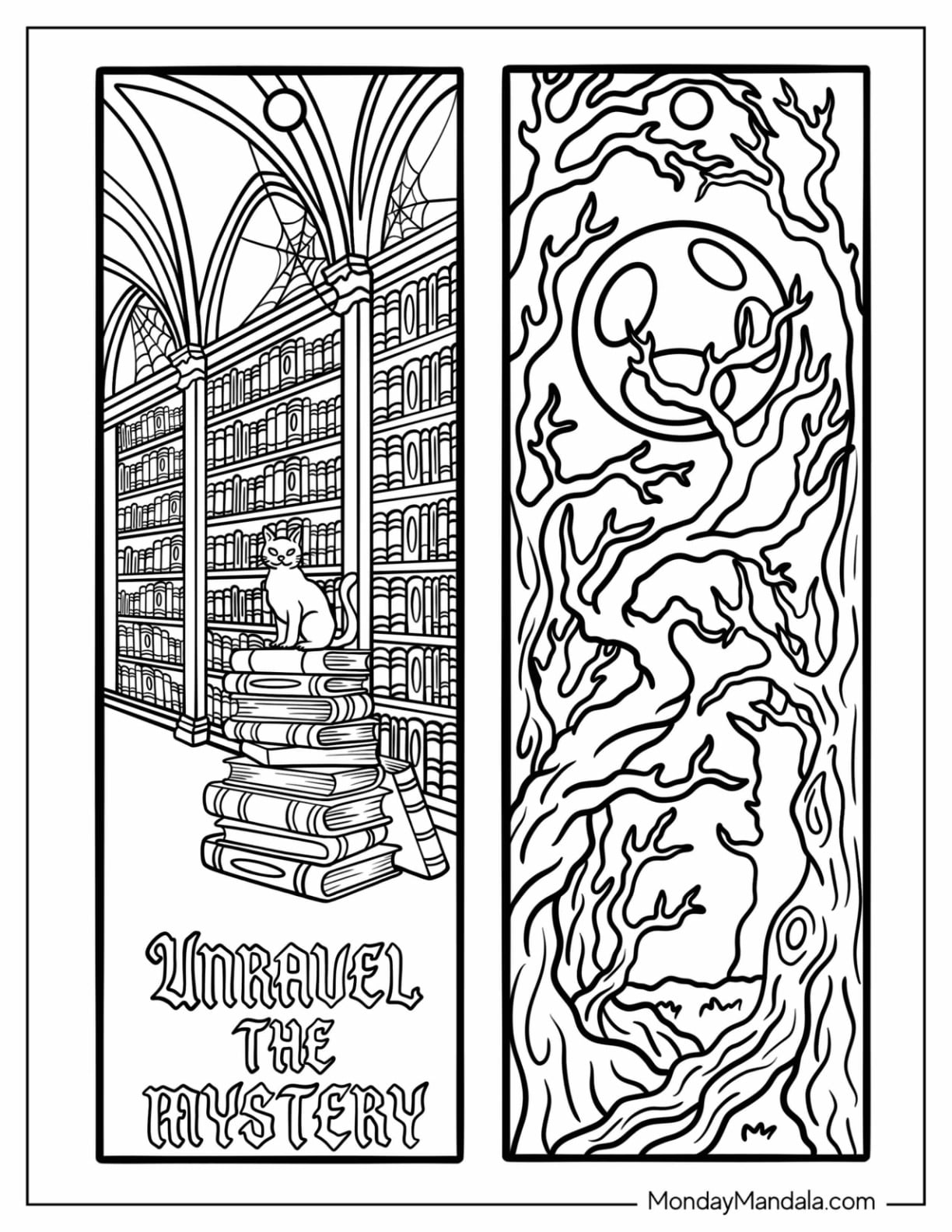 Library Cat Unravel the Mystery and Haunted Tree Bookmark Coloring Page