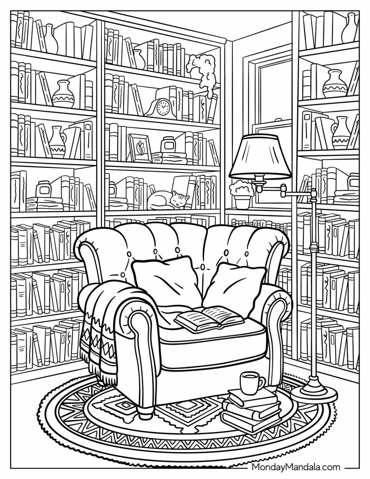 Library Corner with Cozy Armchair Coloring Page for Adults