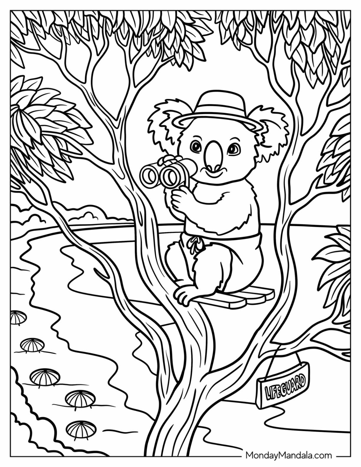 Lifeguard Koala Coloring Page on a Tree with Binoculars for Kids