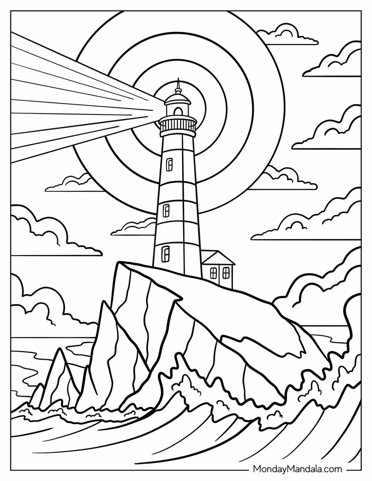 Lighthouse Coloring Page Beaming in the Night with Massive Waves