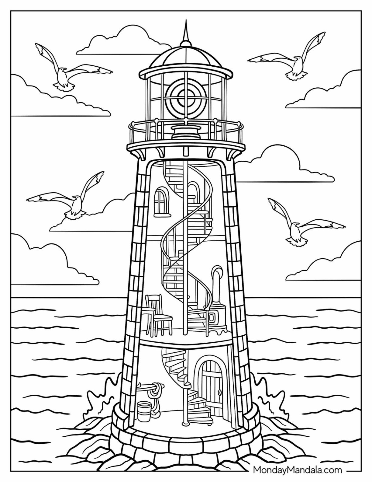 Lighthouse Coloring Page of Interior with Seagulls Flying in the Sky