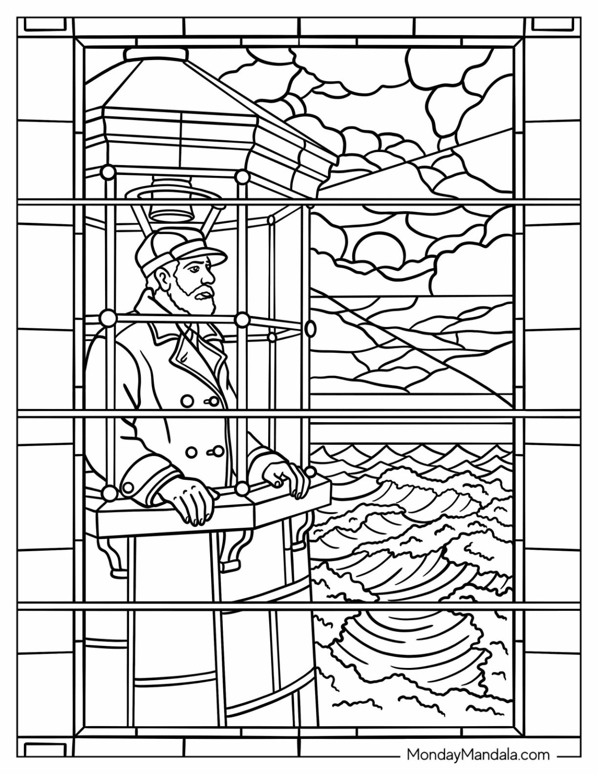 Lighthouse Coloring Page of Lighthouse Keeper Overlooking the Sea Stained Glass