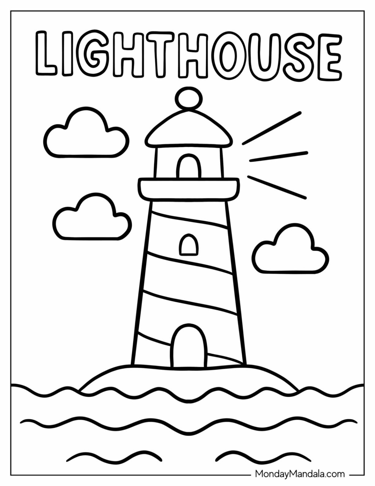 Lighthouse Coloring Page on a Cloudy Day with Text for Preschoolers