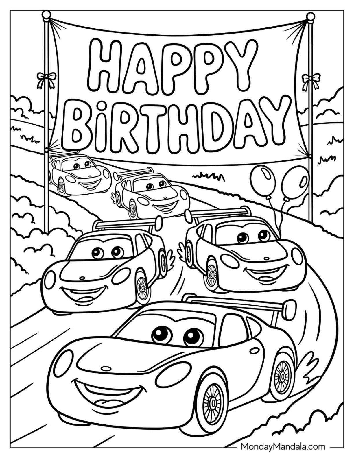 Lightning McQueen Racing Under a Happy Birthday Banner Coloring Page for Kids