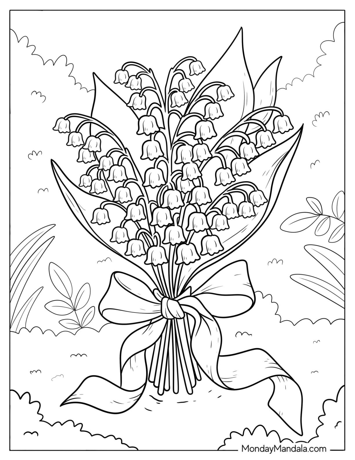 Flower Coloring Page of Lily of the Valley Bouquet Tied with a Ribbon