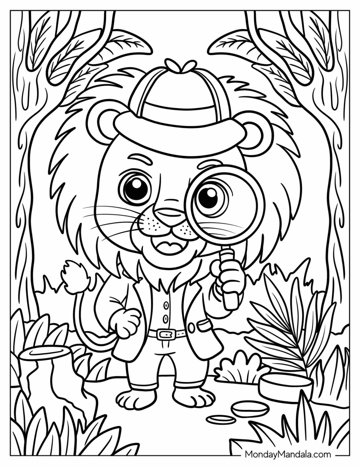 Lion Coloring Page Detective in a Suit Holding a Magnifying Glass for Preschoolers