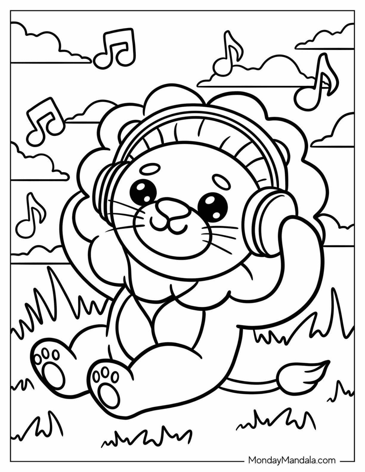 Lion Coloring Page Listening to Music on Headphones for Kids