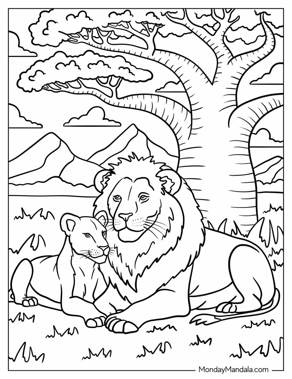 Lion Coloring Page Resting on the Grass with a Lioness for Kids