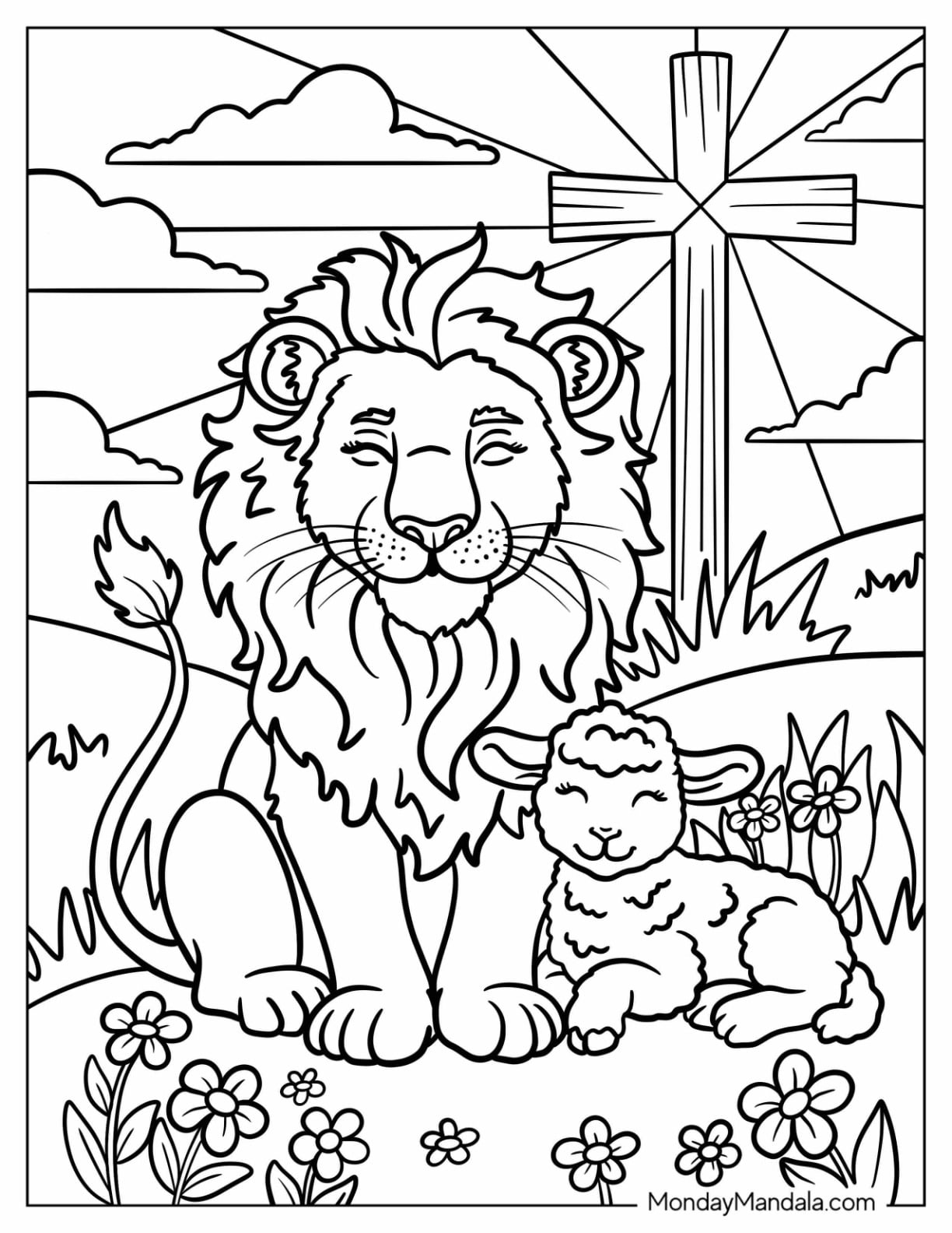 Lion Sitting with a Lamb on Religious Easter Coloring Page for Kids