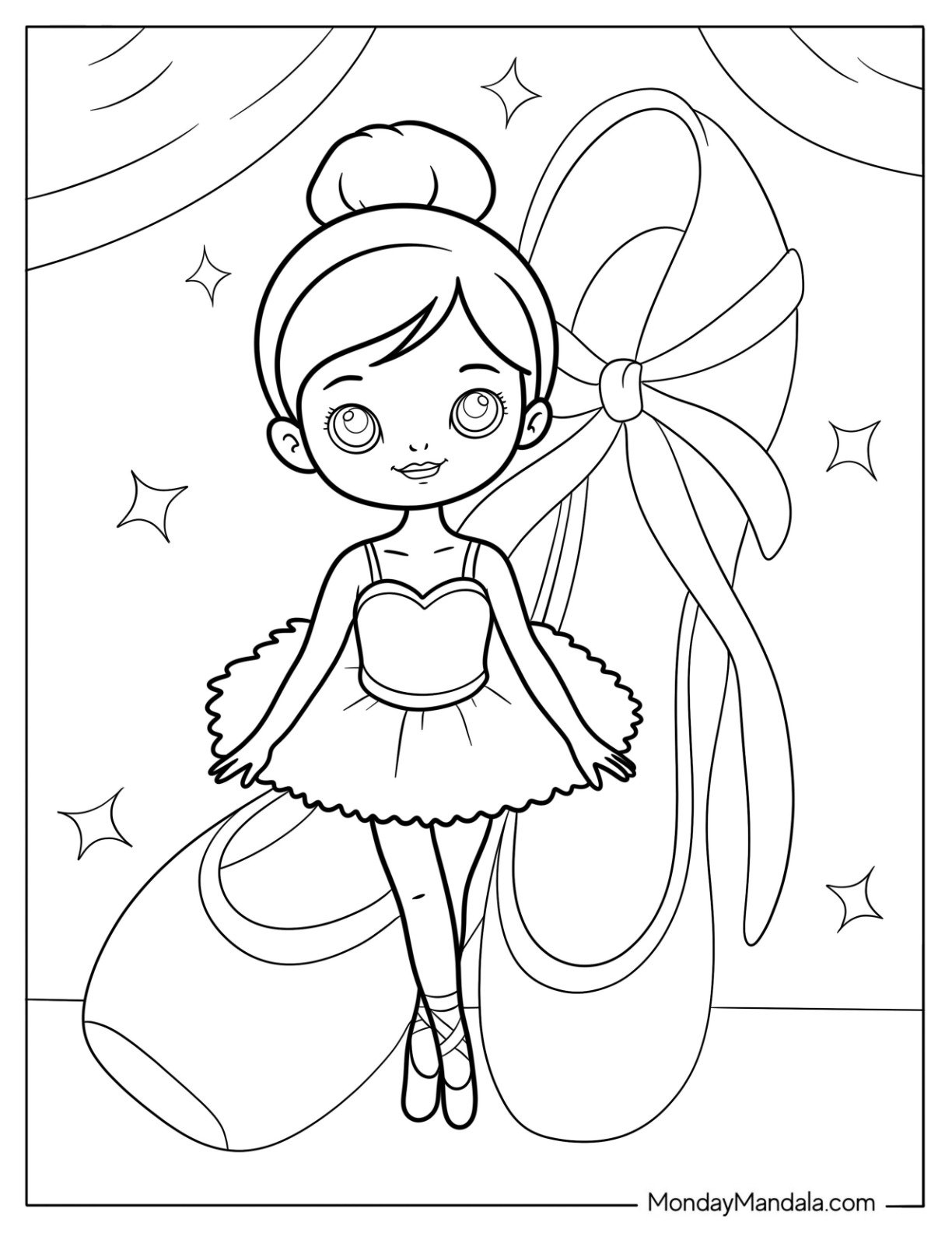 Little Ballerina Coloring Page Standing in Front of Giant Ballet Shoes For Kids