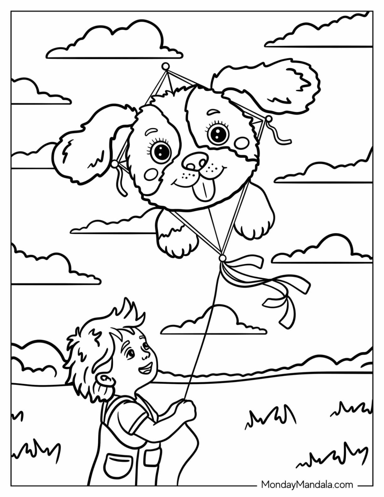 Little Boy Flying a Dog Kite Coloring Page