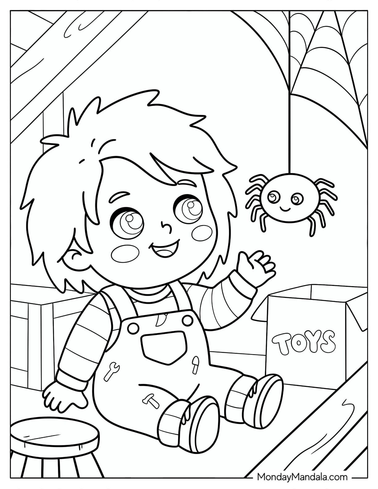 Little Chucky Coloring Page Playing with a Spider for Preschoolers