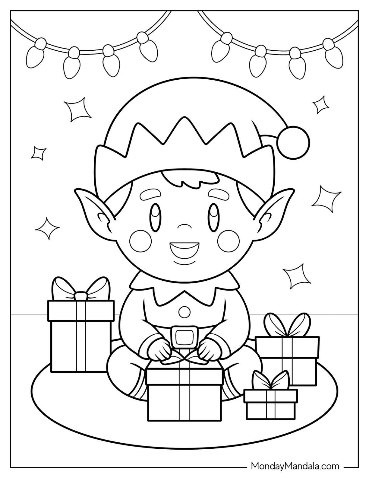 Little Elf Coloring Page Sitting with Holiday Gifts For Preschoolers