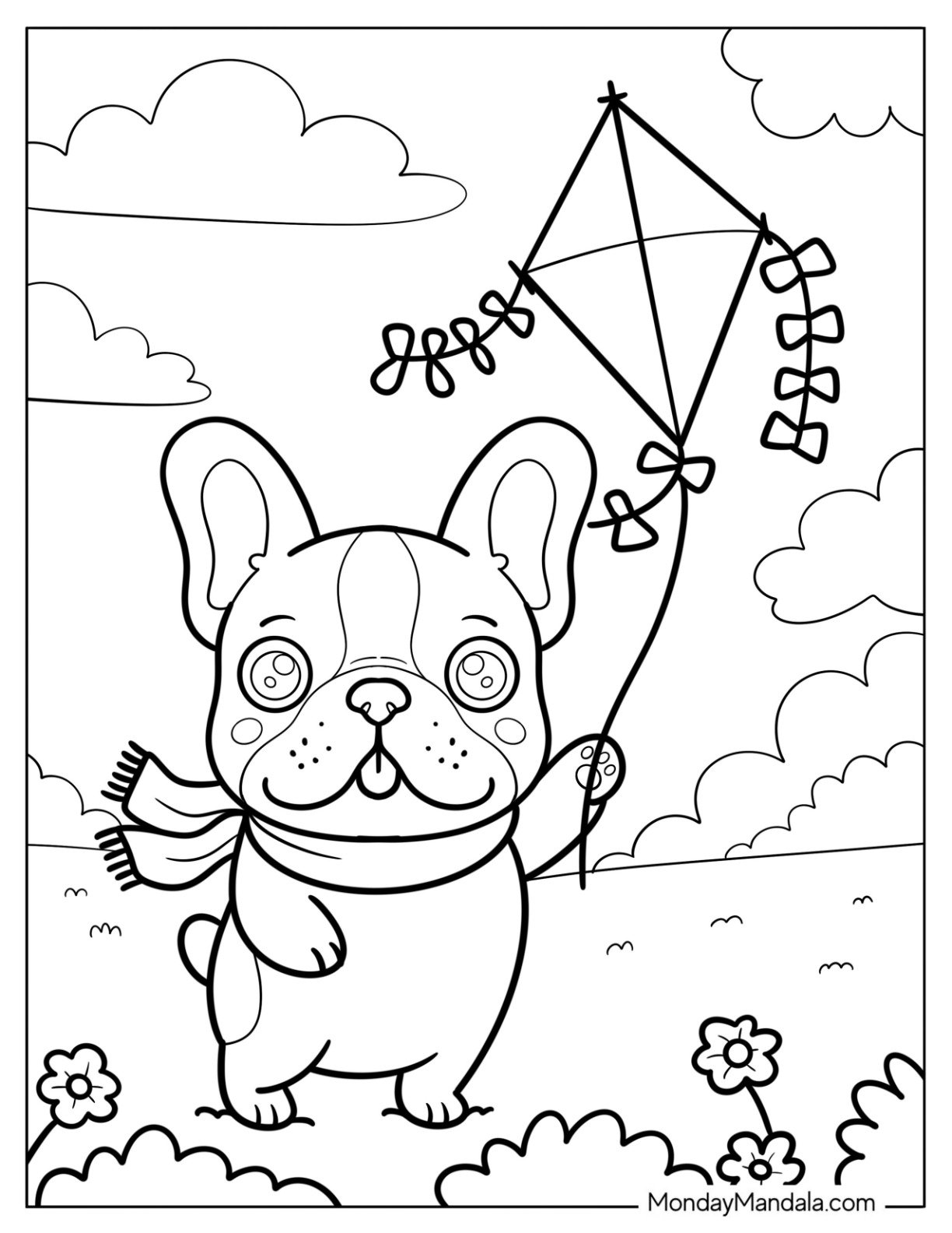 Little French Bulldog Coloring Page Flying a Kite at the Park for Preschoolers