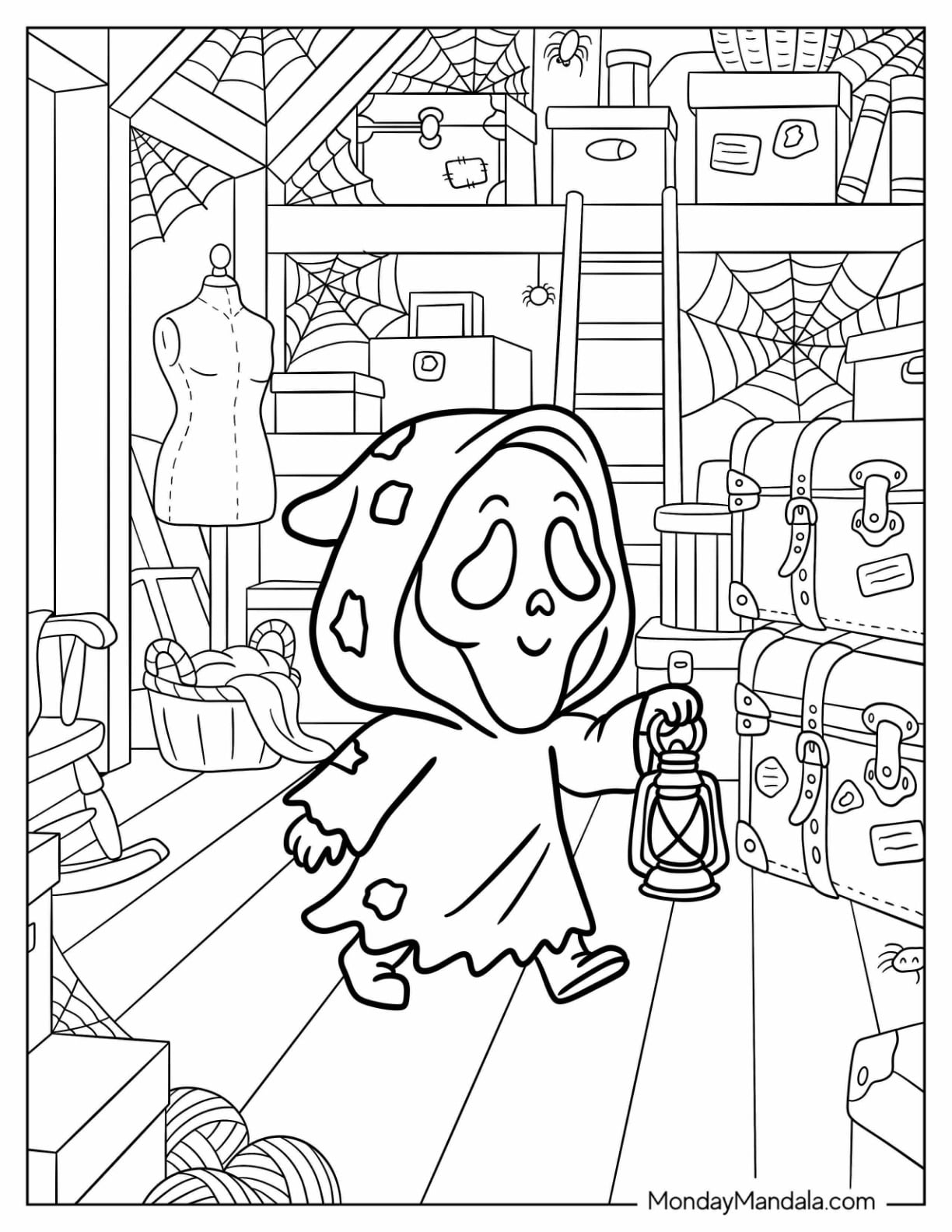 Little Ghost Face Carrying a Lamp in the Attic