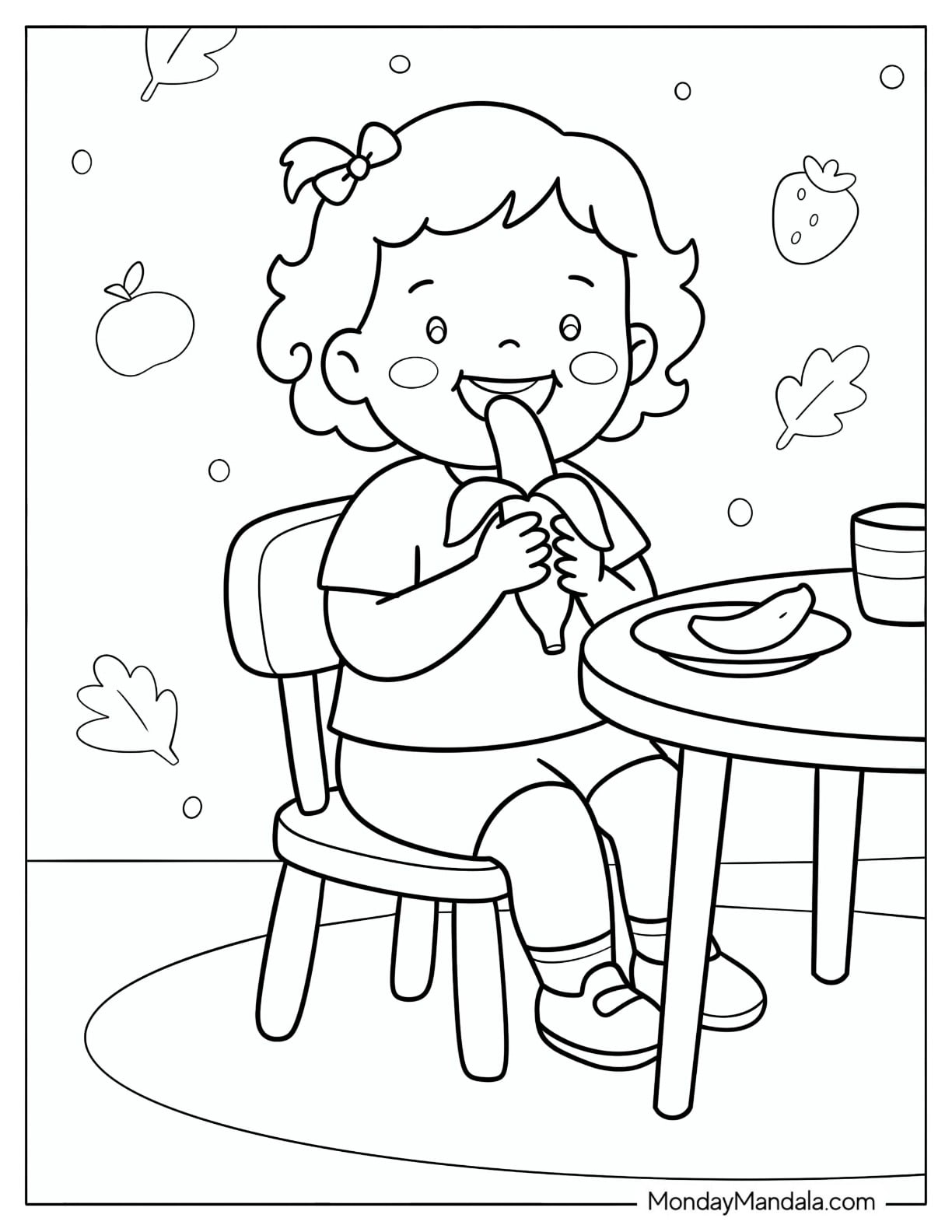 Little Girl Eating a Banana Coloring Page