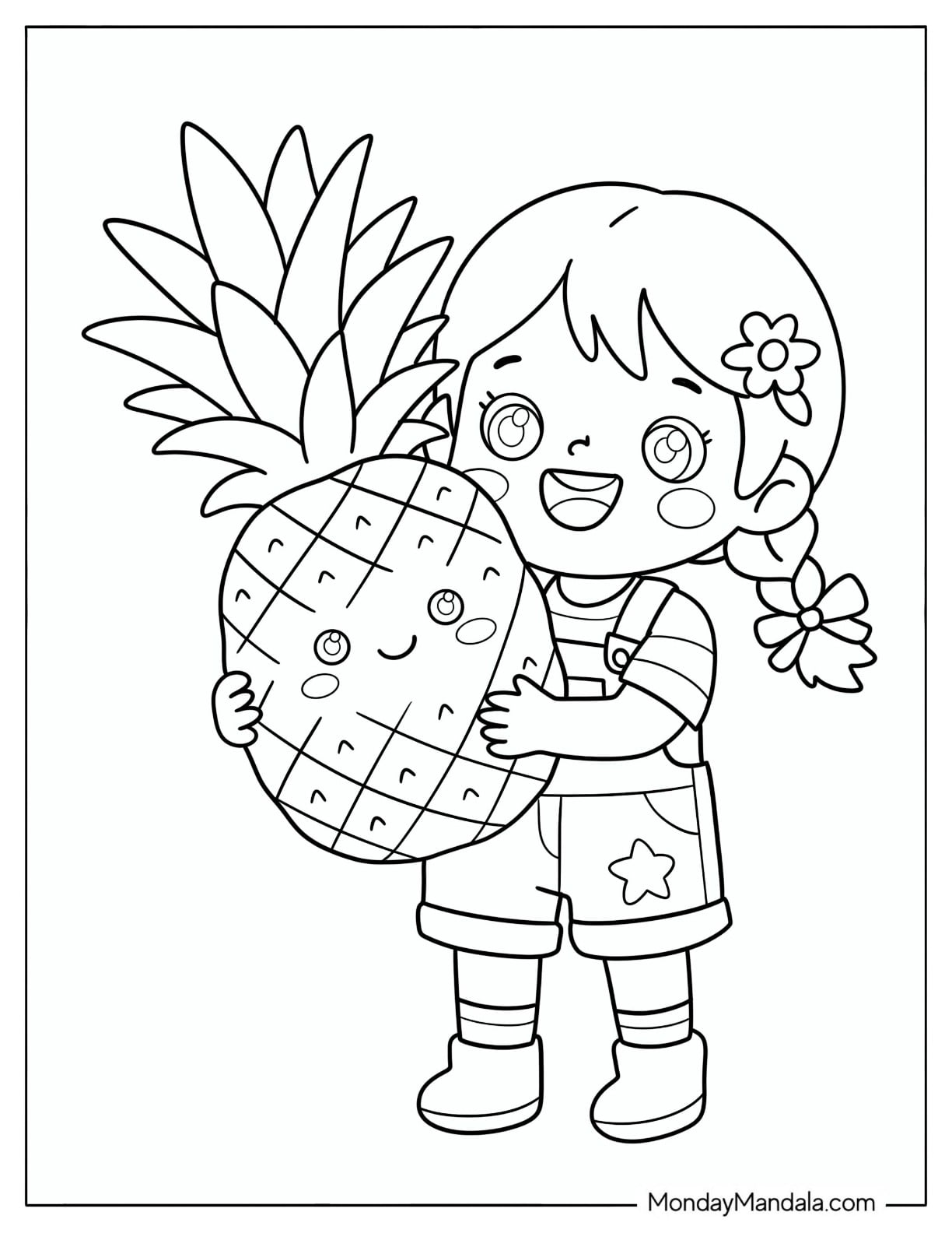 Little Girl Holding a Massive Pineapple Coloring Page for Kids