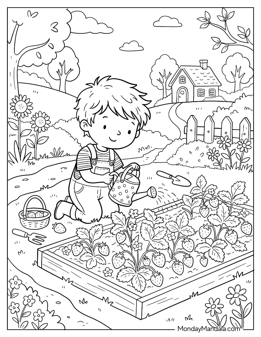 Little Girl Watering a Strawberry Garden with a Vegetable Patch Coloring Page