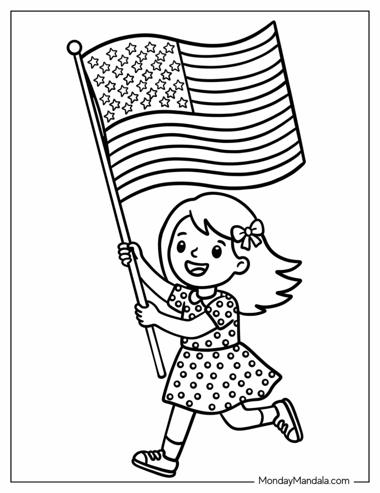 Little Girl Waving the American Flag Coloring Sheet