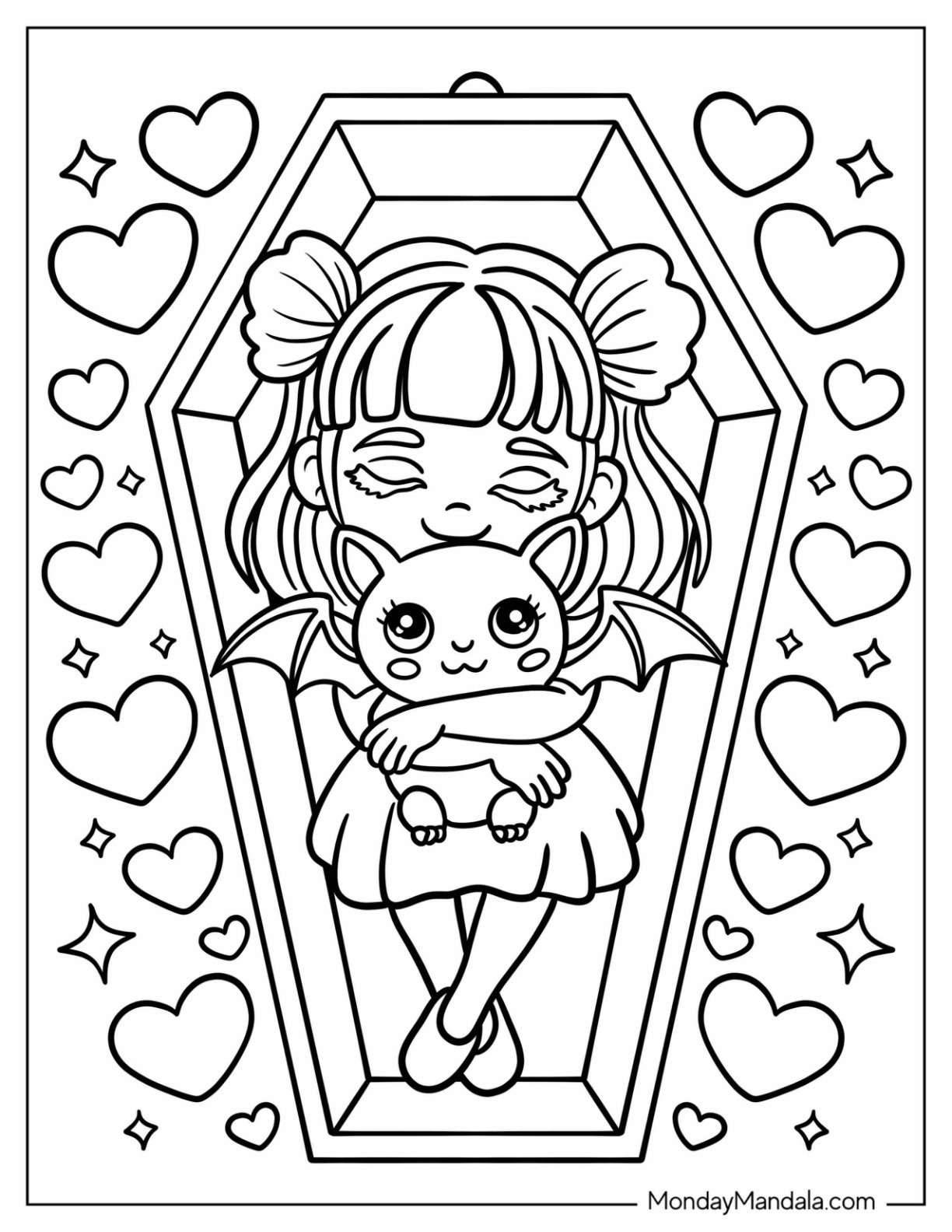 Little Girl in Coffin Hugging a Toy Bat Coloring Page with Love Hearts