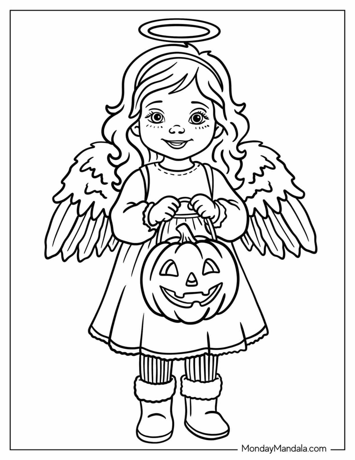 Christian Halloween Coloring Page of Little Girl with Angel Wings Holding a Trick or Treat Bag