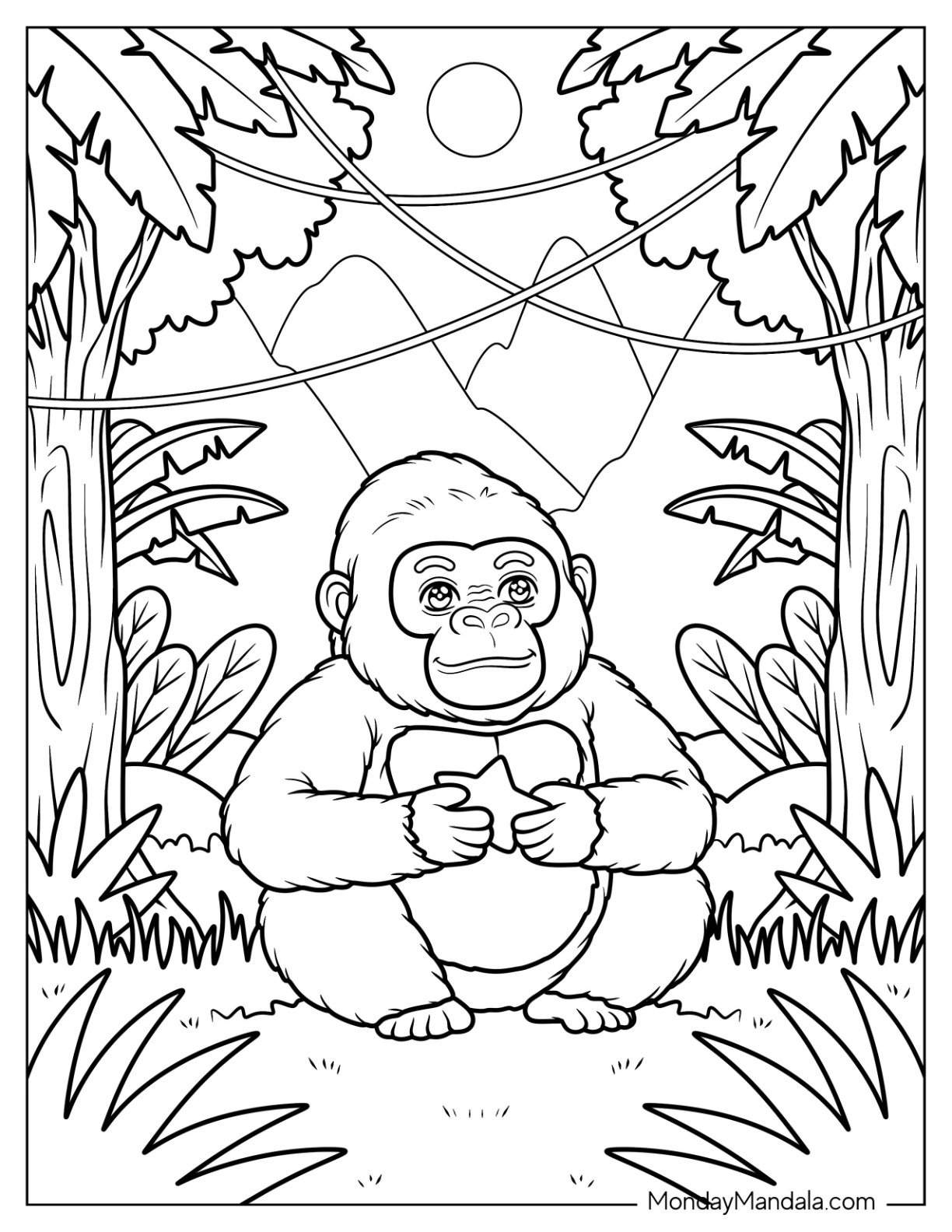 Little Gorilla Coloring Page Holding a Snack Under Tropical Trees for Kids