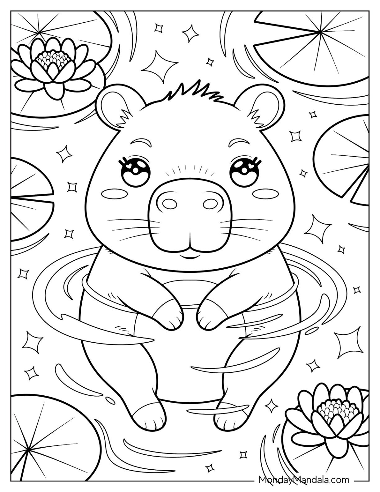Little Hippo Swimming in a Jungle Coloring Page of Pond with Lotus Flowers