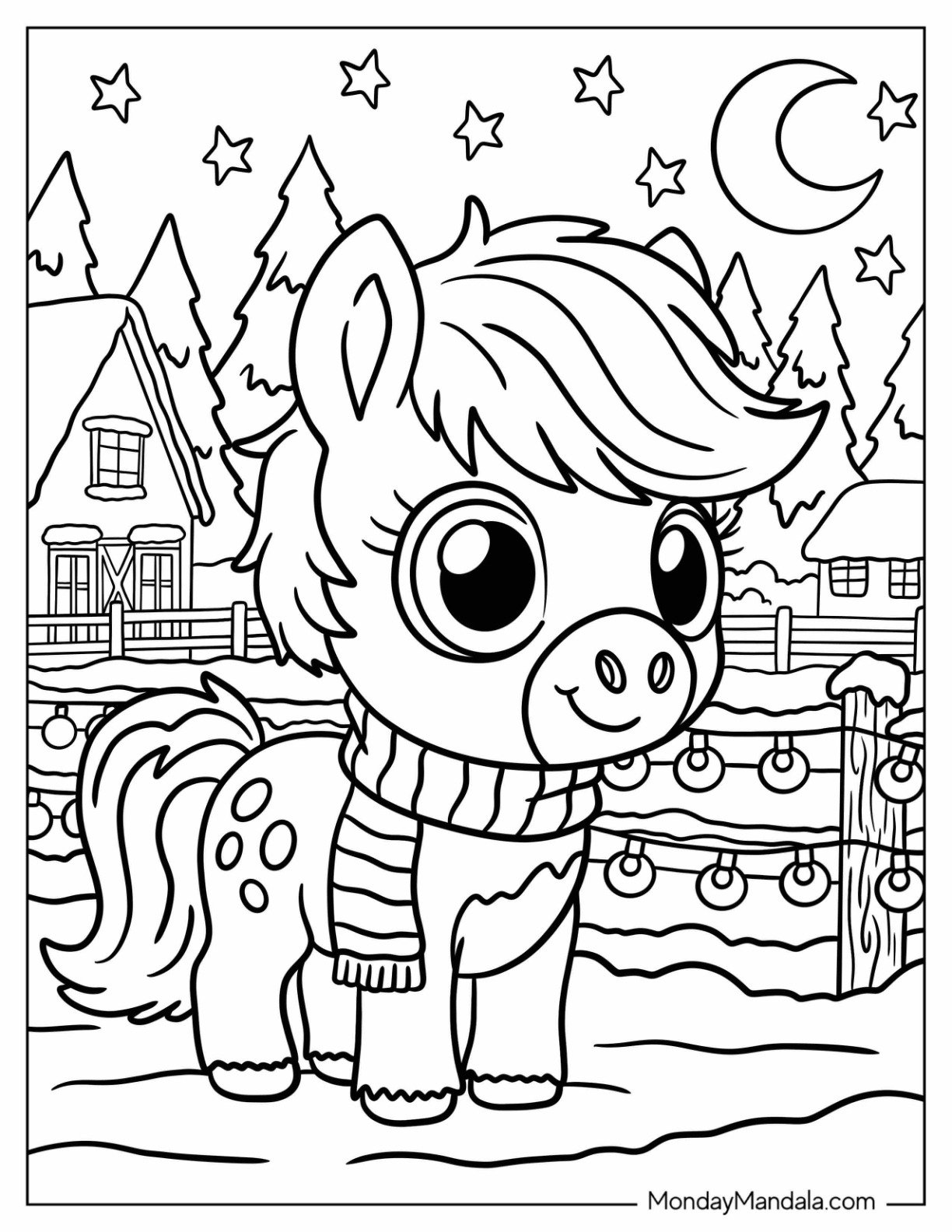 Little Horse Coloring Page with Spots and Scarf in the Snow for Preschoolers