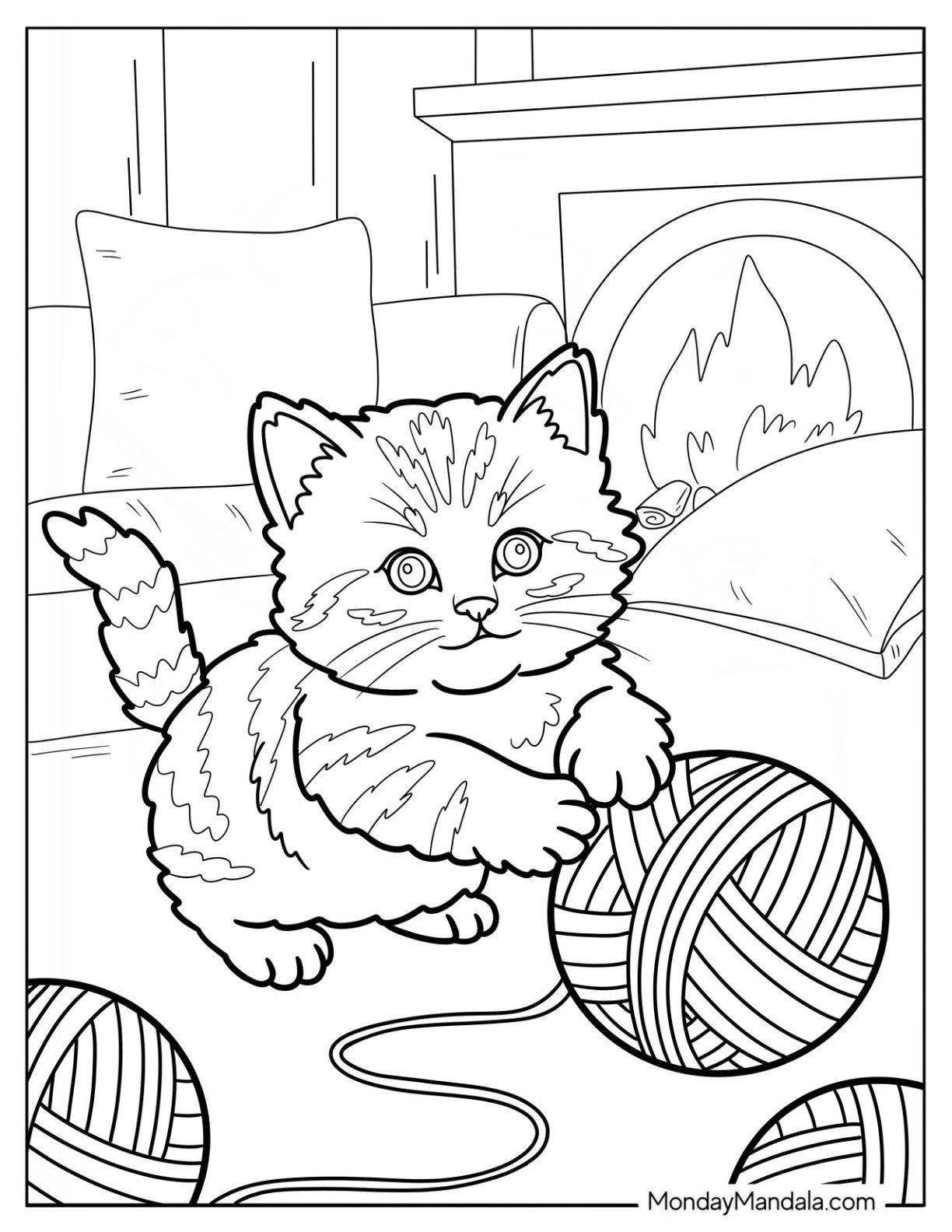 Little Kitten Coloring Page Playing with Large Balls of Yarn
