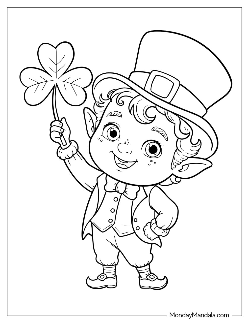 Little Leprechaun Coloring Page Holding Up A Three Leaf Clover for Preschoolers
