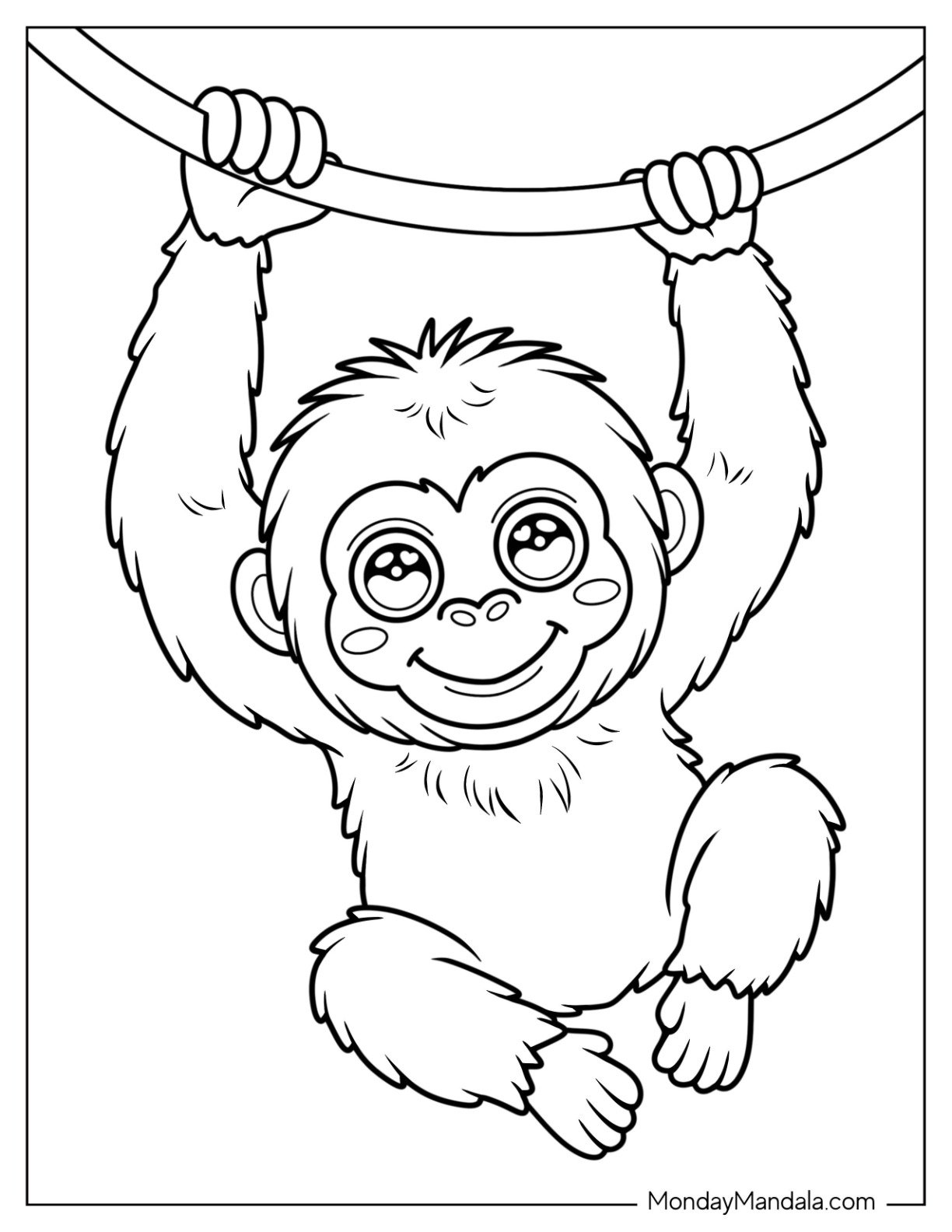 Little Monkey Swinging Happily from a Jungle Coloring Page for Kids