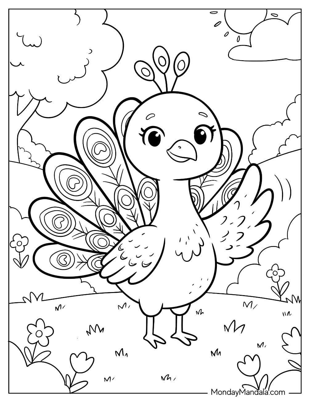 Little Peacock Waving in a Meadow Coloring Page for Kids