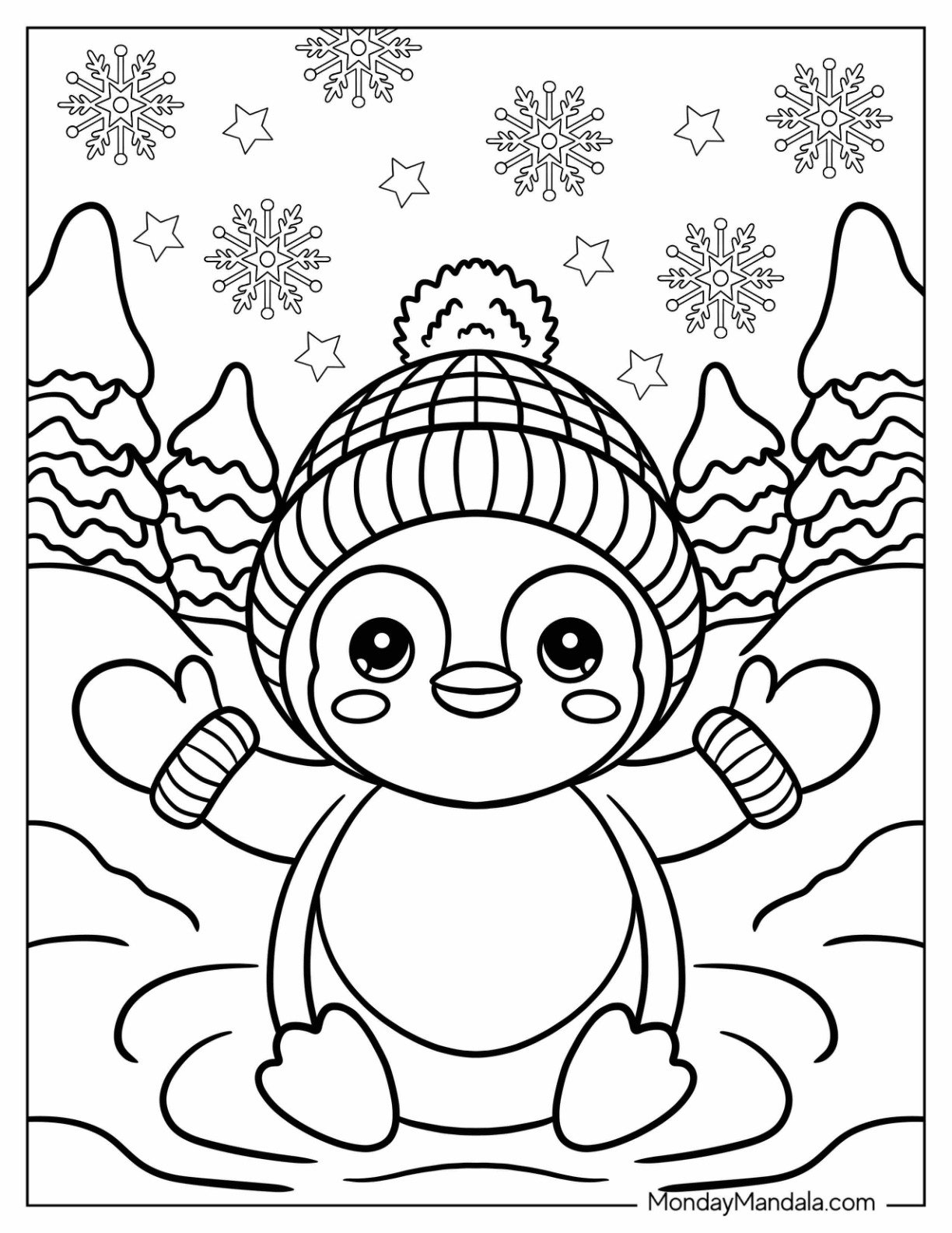 Little Penguin Coloring Page Wearing Beanie and Mitts