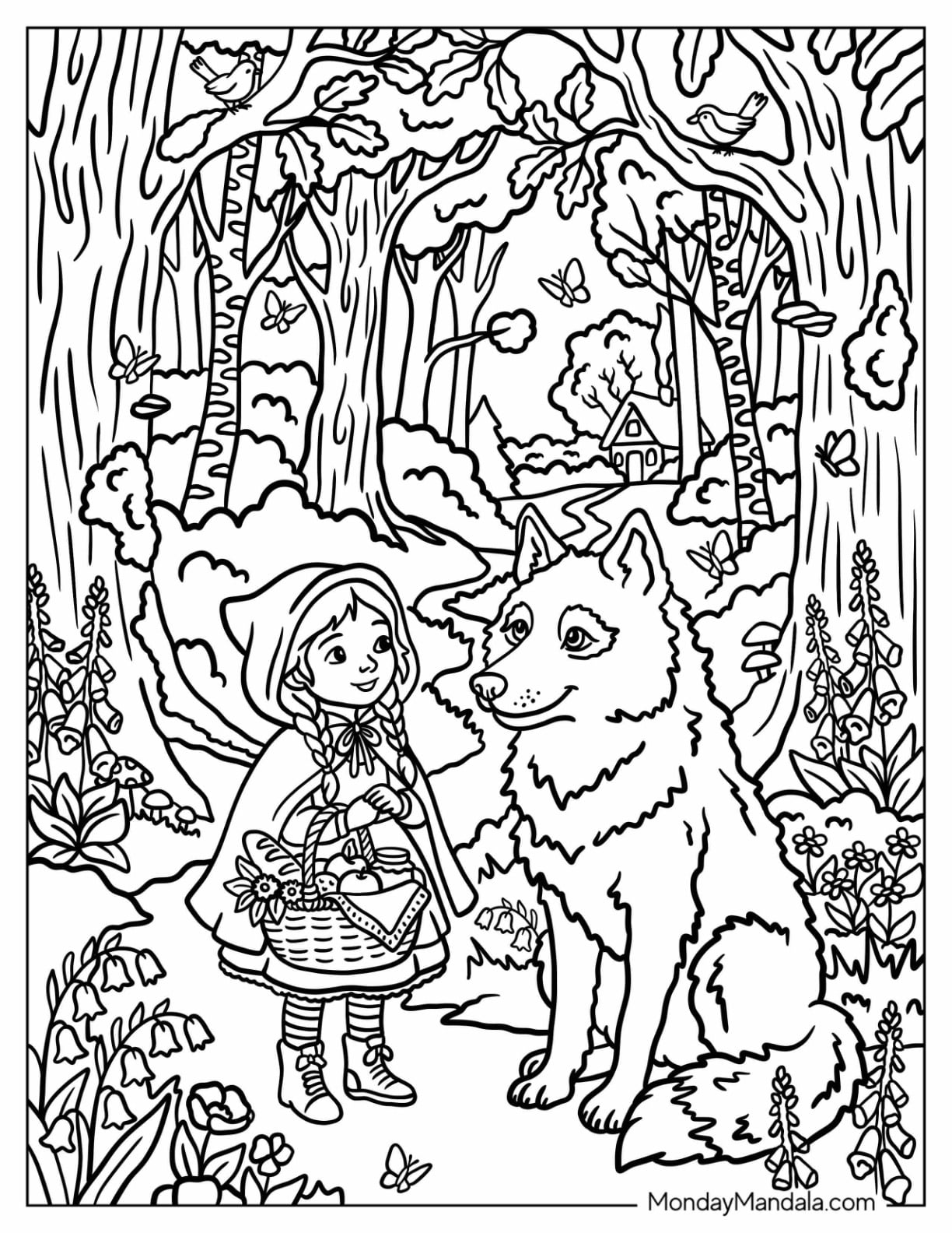Little Red Riding Hood Meeting the Wolf in the Forest Coloring Page
