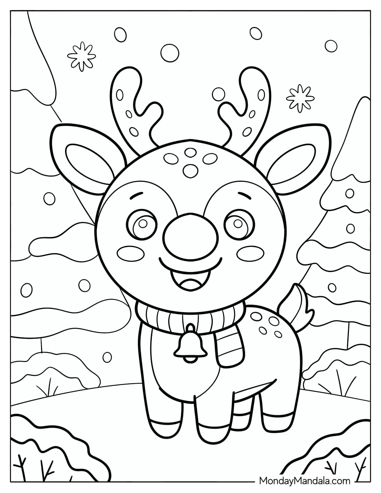 Little Rudolph with Bell and Scarf in Winter Coloring Page