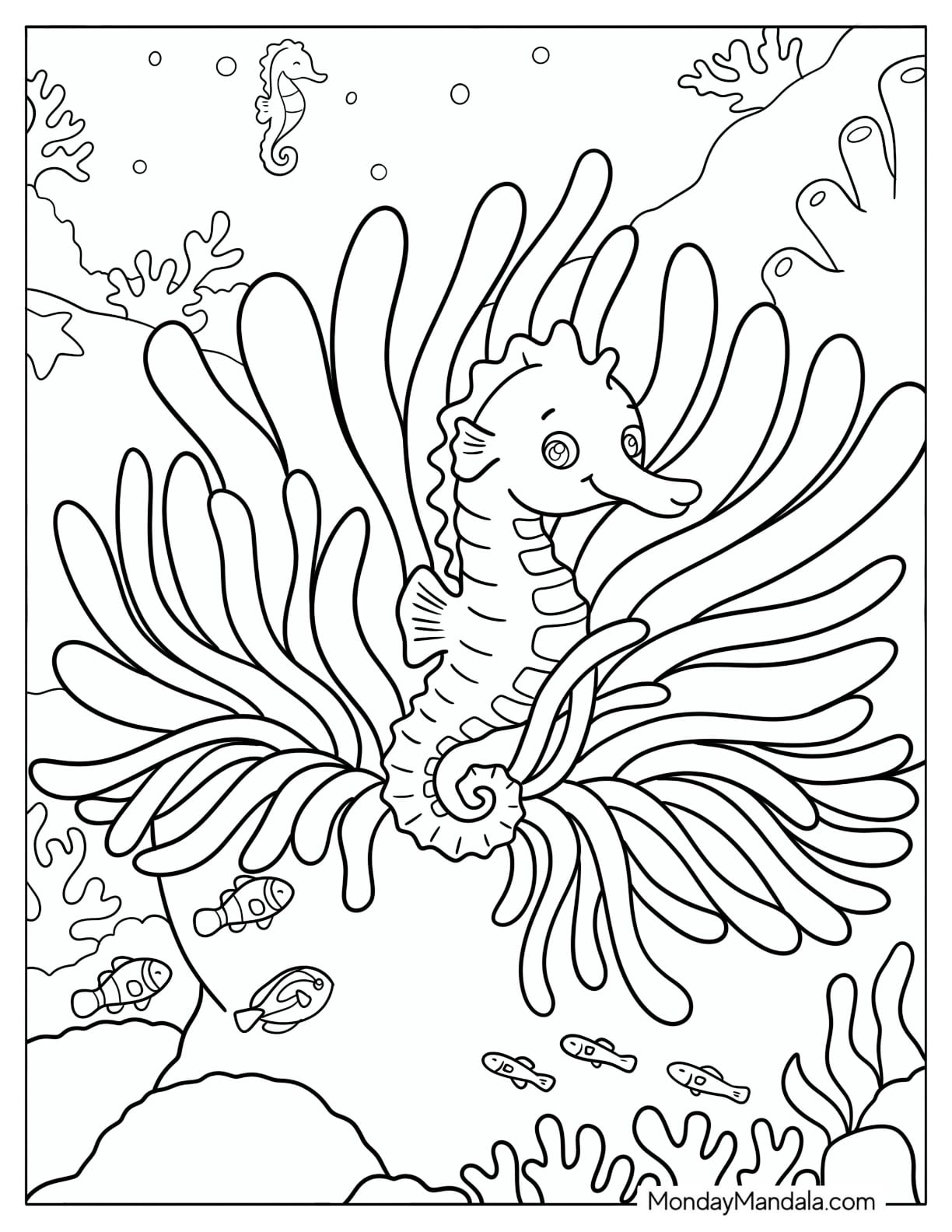 Little Seahorse Resting in Seaweed Coloring Page for Kids